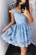 Cute  Lace Short Prom Dress Blue Lace Homecoming Dress PG172