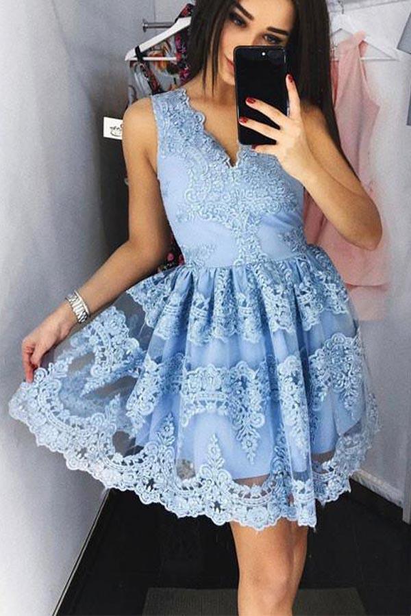 Cute  Lace Short Prom Dress Blue Lace Homecoming Dress PG172