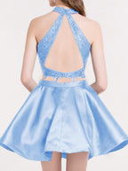 Süßes zweiteiliges kurzes Promi-Kleid aus Spitze und Satin, Homecoming-Kleid