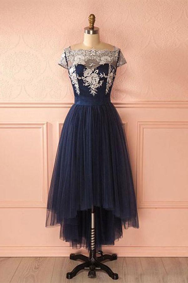 Lindo Vestido de Fiesta con Tul y Encaje de Corte Asimétrico