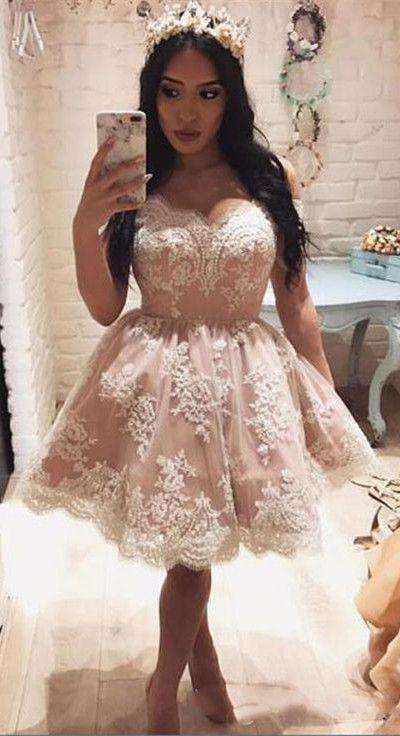 Cute Off The Shoulder A-line Short Lace Homecoming Dress
