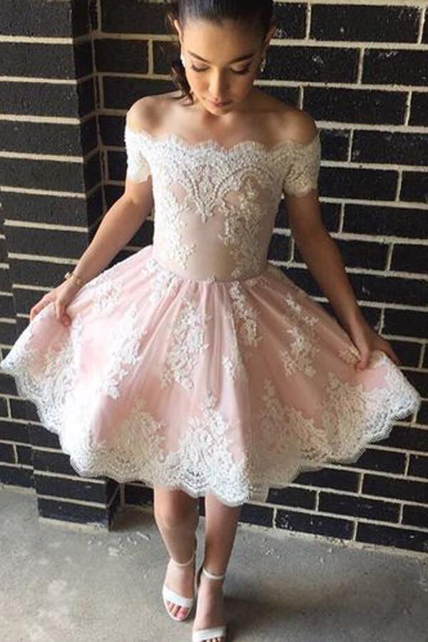 Cute Off The Shoulder A-line Short Lace Homecoming Dress