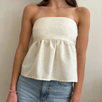 Cute Summer Floral Strapless Bandeau 00s Backless Tie Up Bodydoll Y2K Crop Top