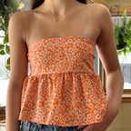 Cute Summer Floral Strapless Bandeau 00s Backless Tie Up Bodydoll Y2K Crop Top