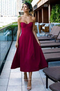 Süßes, wadenlanges, auberginefarbenes Satin-A-Linien-Abschlussballkleid mit Herz-Ausschnitt