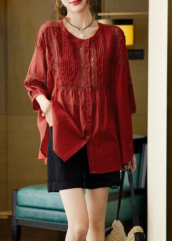 Camisas de talla grande con cuello redondo y diseño de patchwork y arrugadas de morera con mangas de pulsera 