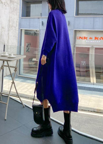 Pullover blue Sweater dress outfit Street Style high neck low high design baggy fall knitted dress