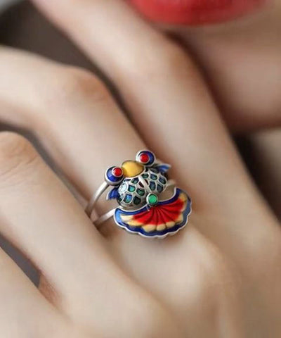 Anillos vintage de plata de ley con brocado de arcoíris y esmalte de carpa 