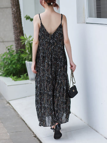 Women Vintage Floral Pleat V-Neck Loose Vest Dress