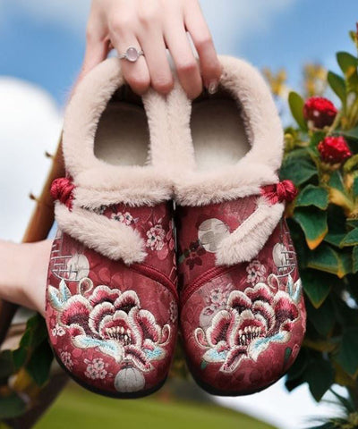 Zapatos planos con bordado de café retro y forro de lana afelpada 