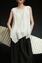 White Irregular Ruffle Sleeveless Blouse