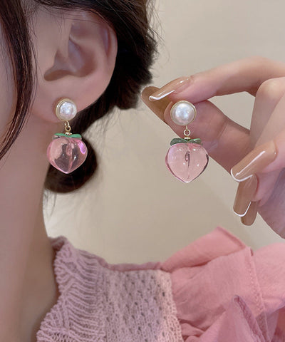Cute Red Alloy Acrylic Pearl Peach Drop Earrings