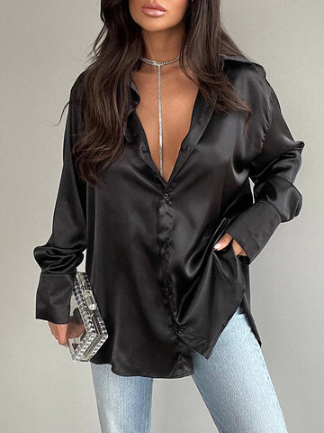Long Sleeves Loose Buttoned Shiny Solid Color Lapel Blouses&Shirts Tops