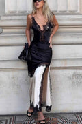 Lace Ruffled Patchwork Asymmetrical Spaghetti Strap Slit Maxi Dress