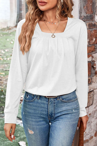 Tops casuales de cuello cuadrado con pliegues sólidos 