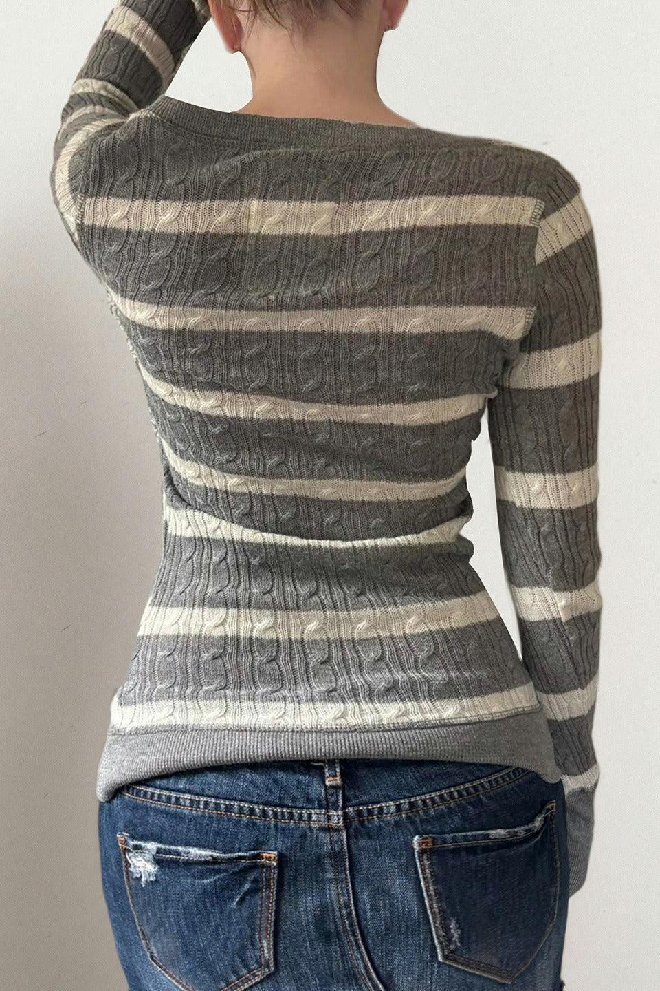Cable Knit Striped Square Neck Sweet Knit Sweater