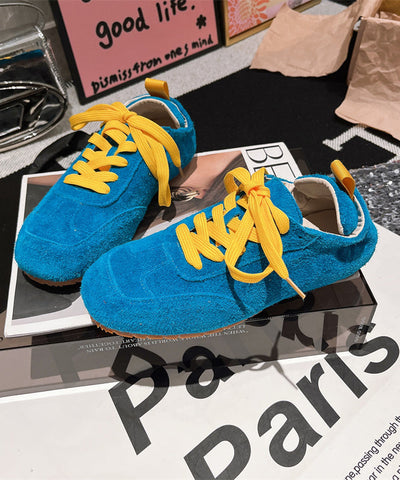 Zapatos planos de ante azul, suaves y cómodos, informales, con cordones para mujer 