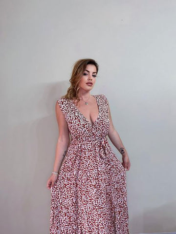 Vestido maxi floral sin mangas con cuello en V y abertura para verano 