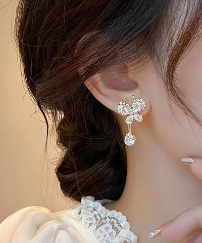 Stylish White Copper Alloy Zircon Butterfly Tassel Drop Earrings