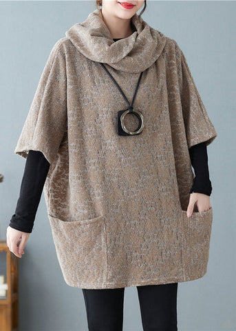 Schöne Khaki Rollkragen Jacquard Wolloberteile Kurzarm 