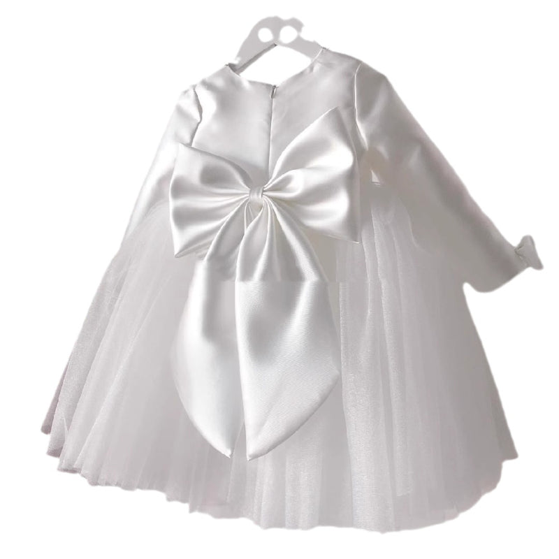 Niedliches Babykleid aus Satin-Mesh mit flauschiger Schleife, Kommunionskleid für Kleinkinder 