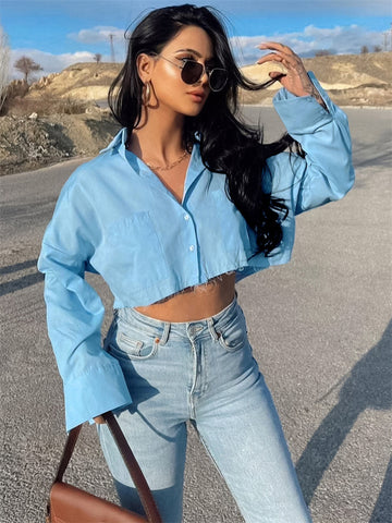 Camisas casuales con bolsillo de solapa Tossy para mujer, top corto holgado de retazos de manga larga, atuendo Y2k, blusa tipo cárdigan de calle lisa