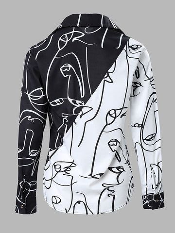 Long Sleeves Loose Buttoned Contrast Color Figure Lapel Blouses&Shirts Tops