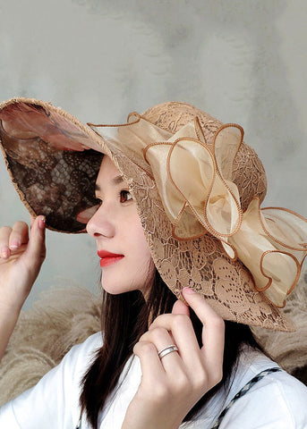 Sombrero para el sol flexible de tul con lazo de encaje color caqui elegante 
