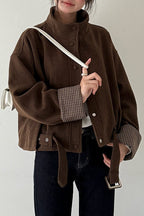 Short Cuffed Check Pieced Stand Collar Wool Coat