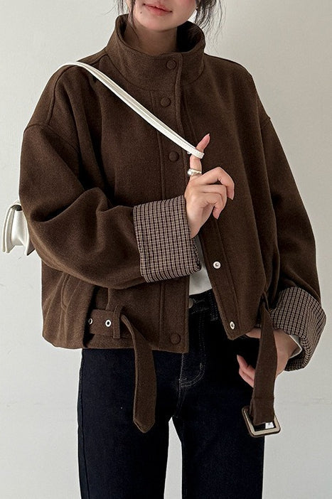 Short Cuffed Check Pieced Stand Collar Wool Coat