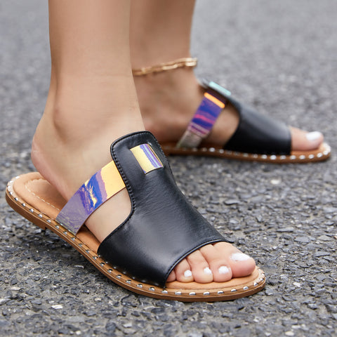 Bunte, offene Zehenpartie zum Hineinschlüpfen, flache Hausschuhe, Slide-Sandalen 
