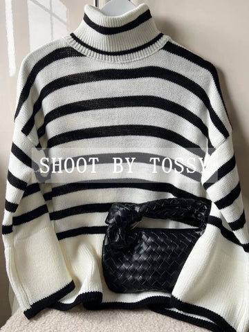 Tossy Winter Women's Striped Turtleneck Oversized Sweater – 2023 New Autumn Collection
