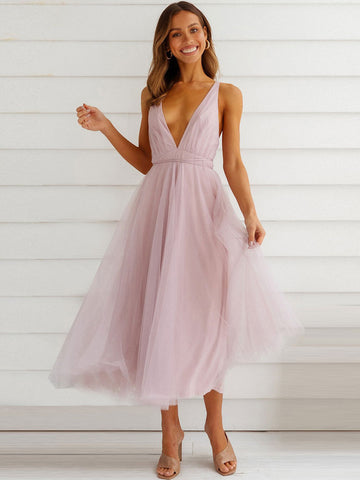 Vestido midi sin mangas con escote en V profundo de tul para fiesta de cumpleaños 