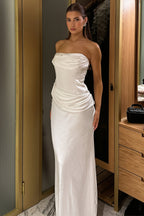 Chic Solid Satin Shirred Strapless Elegant Maxi Dress