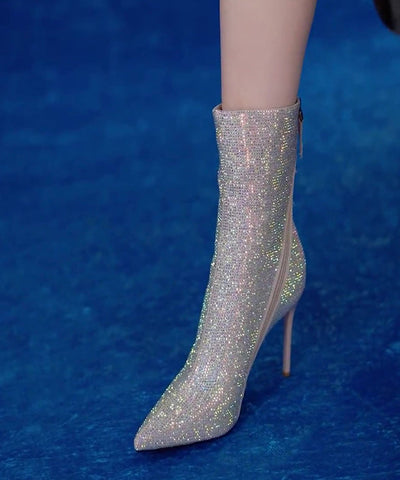 Silberne Stiletto-Zirkon-handgefertigte Spleißstiefel mit flauschiger Wolle 
