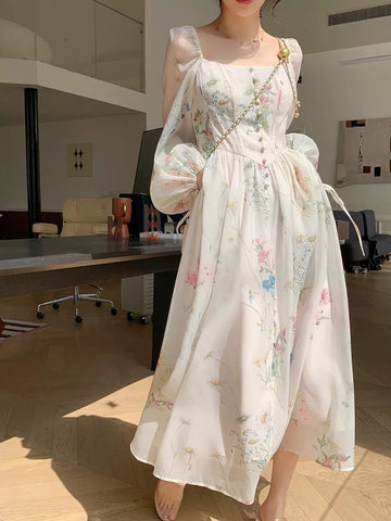 Vestidos largos de fiesta de noche, vestido de princesa floral de corte A, manga farol 