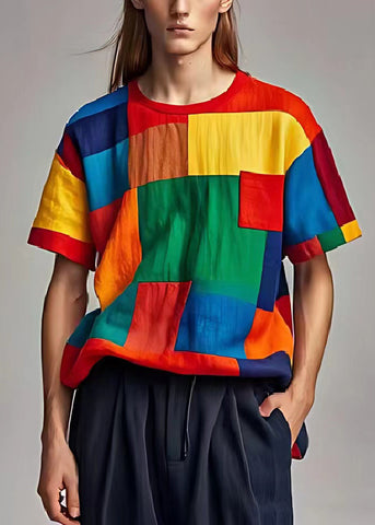Camisetas sin mangas de lino con patchwork y bloques de color, apliques de verano 
