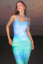 Gradient Floral Spaghetti Strap Fitted Bodycon Maxi Dress