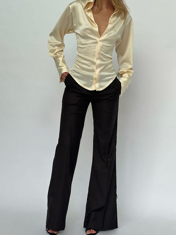 TARUXY Satin Frauen Langarm Blusen Zurück Taste Patchwork Sexy Mode V ausschnitt Solide Club Party Slim Fit Weibliche Hemd Sommer 