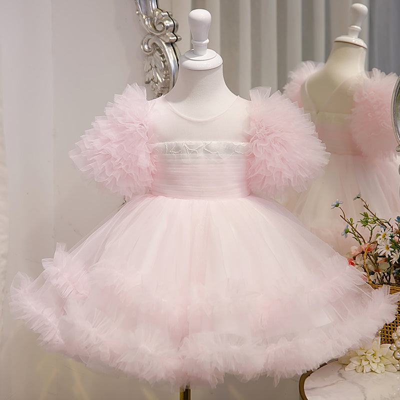 Vestido de niña pequeña de verano con estampado de pastel rosa esponjoso para cumpleaños y comunión 