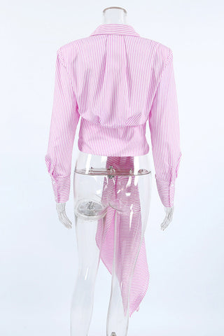 Blusa informal de cuello vuelto con botones y cordones con estampado de rayas urbanas 