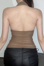Sexy V Neck Halter Mesh Ruched Tank Top