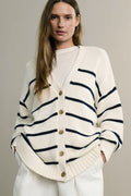 Flattering Striped V Neck Relaxed Knit Cardigan
