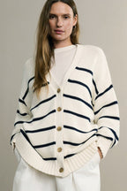 Flattering Striped V Neck Relaxed Knit Cardigan