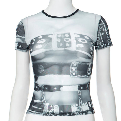 Camiseta gráfica de verano Y2K 2000S, moda urbana para mujer, tops cortos con estampado de malla 