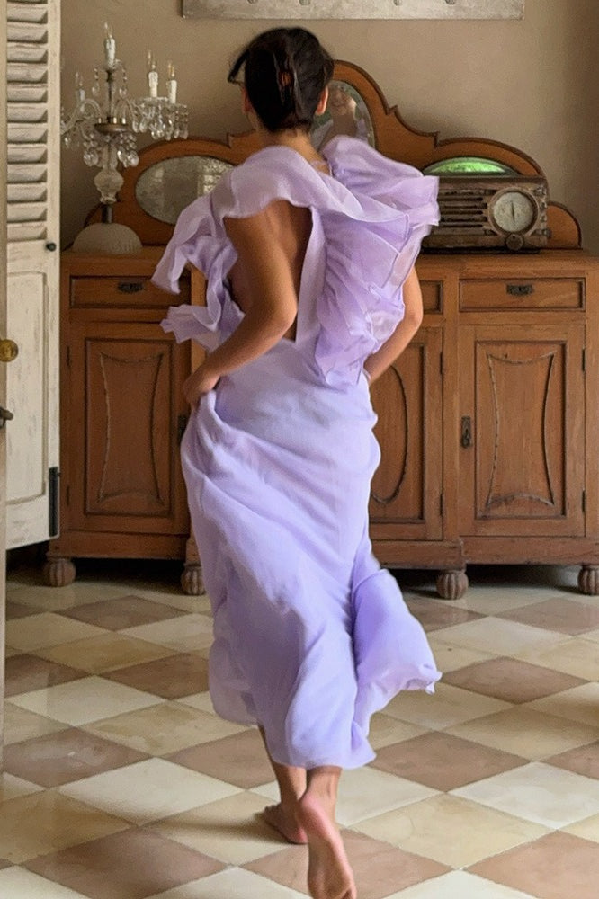 Simple Deep V Ruffle Solid Elegant Maxi Dress