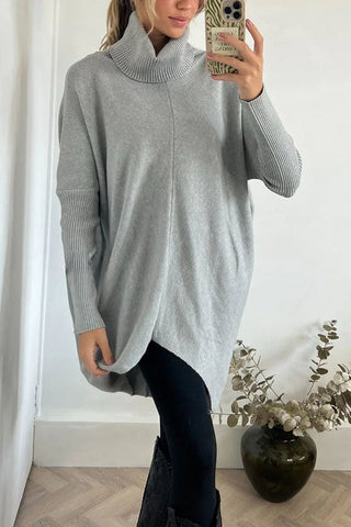 Suéter holgado midi de cuello alto con dobladillo alto y bajo, perfecto para paseos invernales 