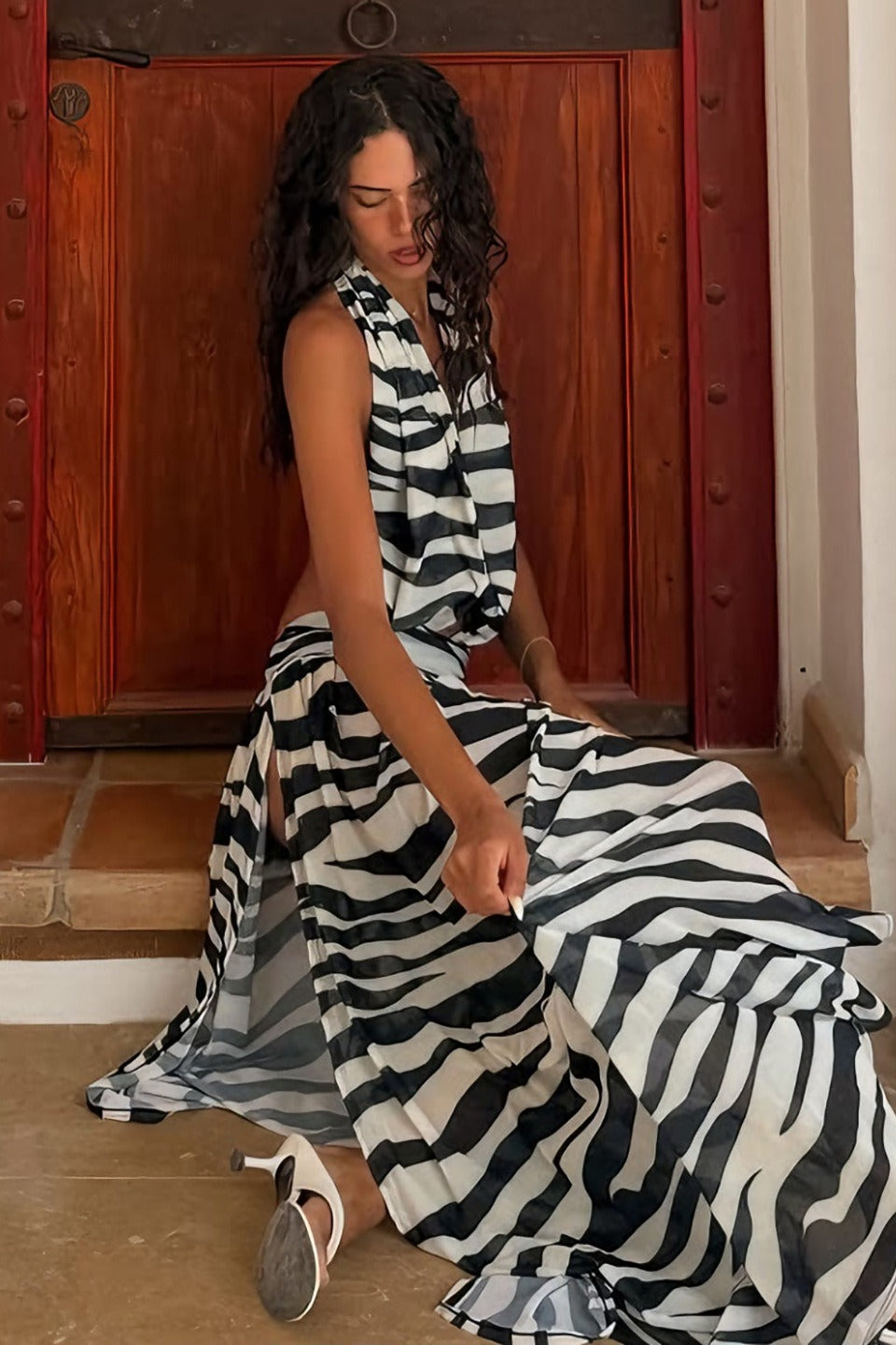 Halter Cutout Back Leopard High Slit Sleeveless Maxi Dress