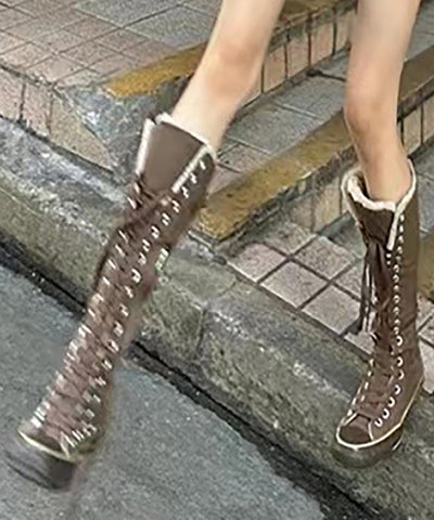 Botas de lona marrón 2024 con cordones y forro de lana afelpada 