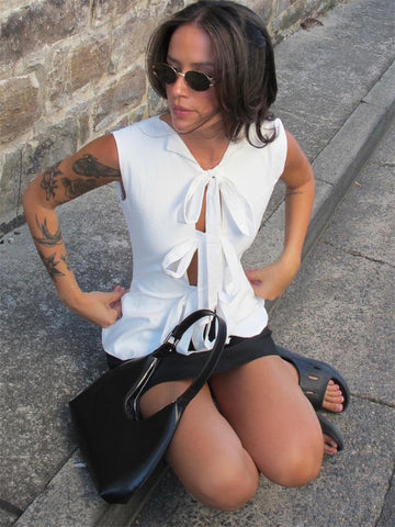 Tossy Fashion - Camiseta sin mangas con vendaje calado para mujer, top corto sexy ajustado de verano con cordones y retazos, cárdigan femenino Y2k, novedad 